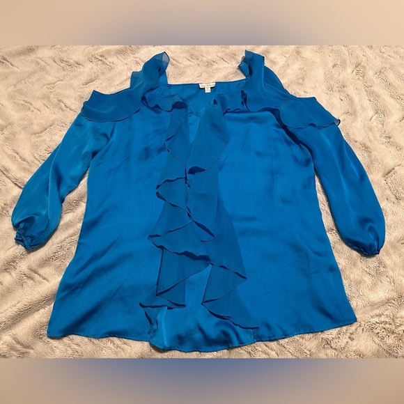 Hot in Hollywood Tops - Hot in Hollywood Blue Ruffle Cold Shoulder Blouse
